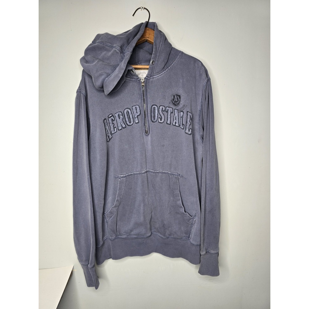 Y2K Vintage Aeropostale Blue Quarter Zip Logo Hoodie Distressed Big Logo Medium